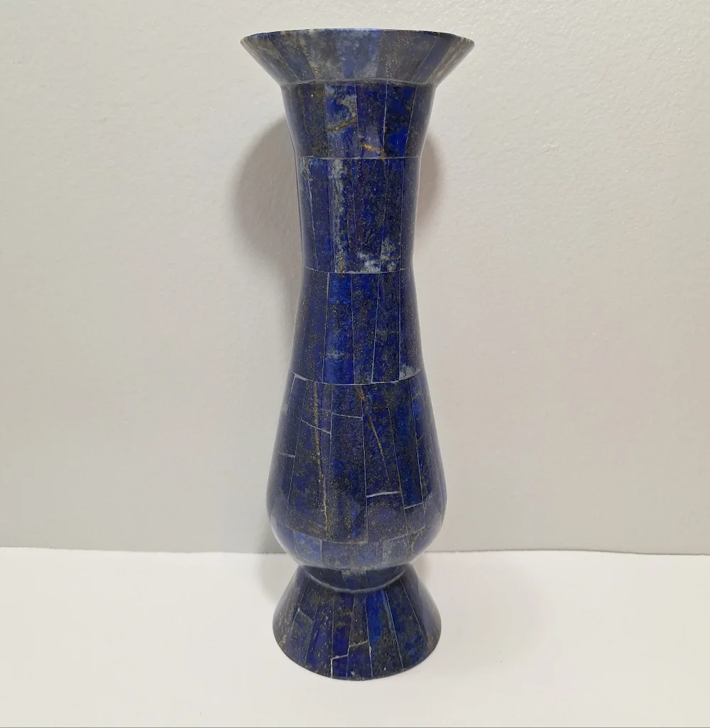 Blue Lapis Lazuli Handmade Brass Lined Natural Gemstone Inlay Vase Cobalt Unique